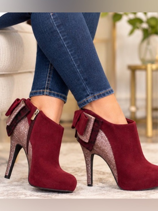BAMBOO Shoes - Bamboo Rhythm-73 Burgundy Glitter Bow Stiletto Booties Size 9